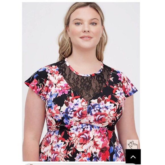 Women's NWT Torrid Black Skater Midi Dress- Studio Knit Lace Neck Floral, Size 4 - Picture 4 of 6